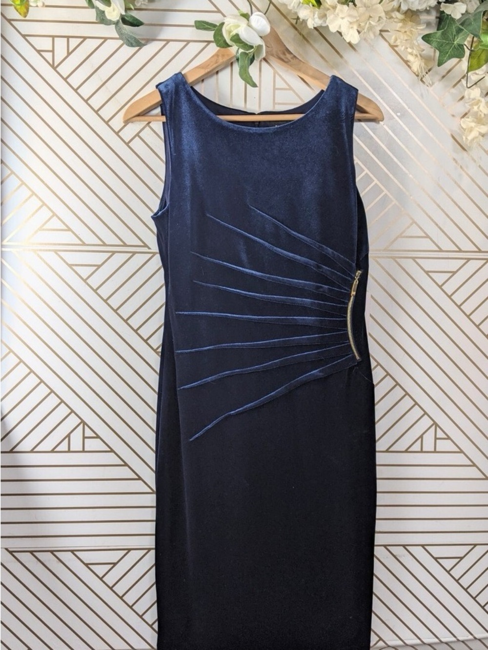Ivanka Trump Navy Blue Midi Sheath Dress with Asymmetrical Zip Detail